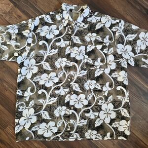 Mens XL Hawaiian Shirt Floral Print tan/white Short Sleeve vacation Resort Aloha